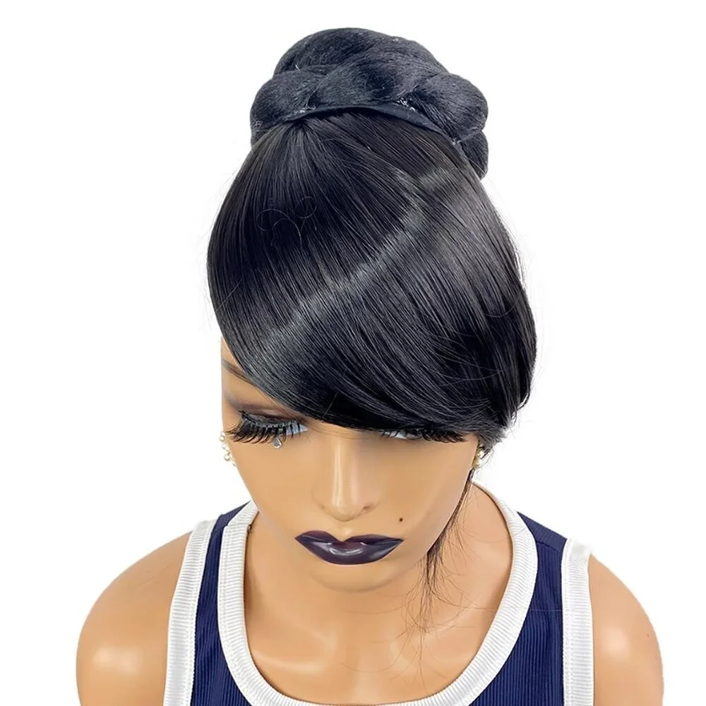 Hair Extension Bun with Bang Set Synthetic Black Large Twist Braided Style